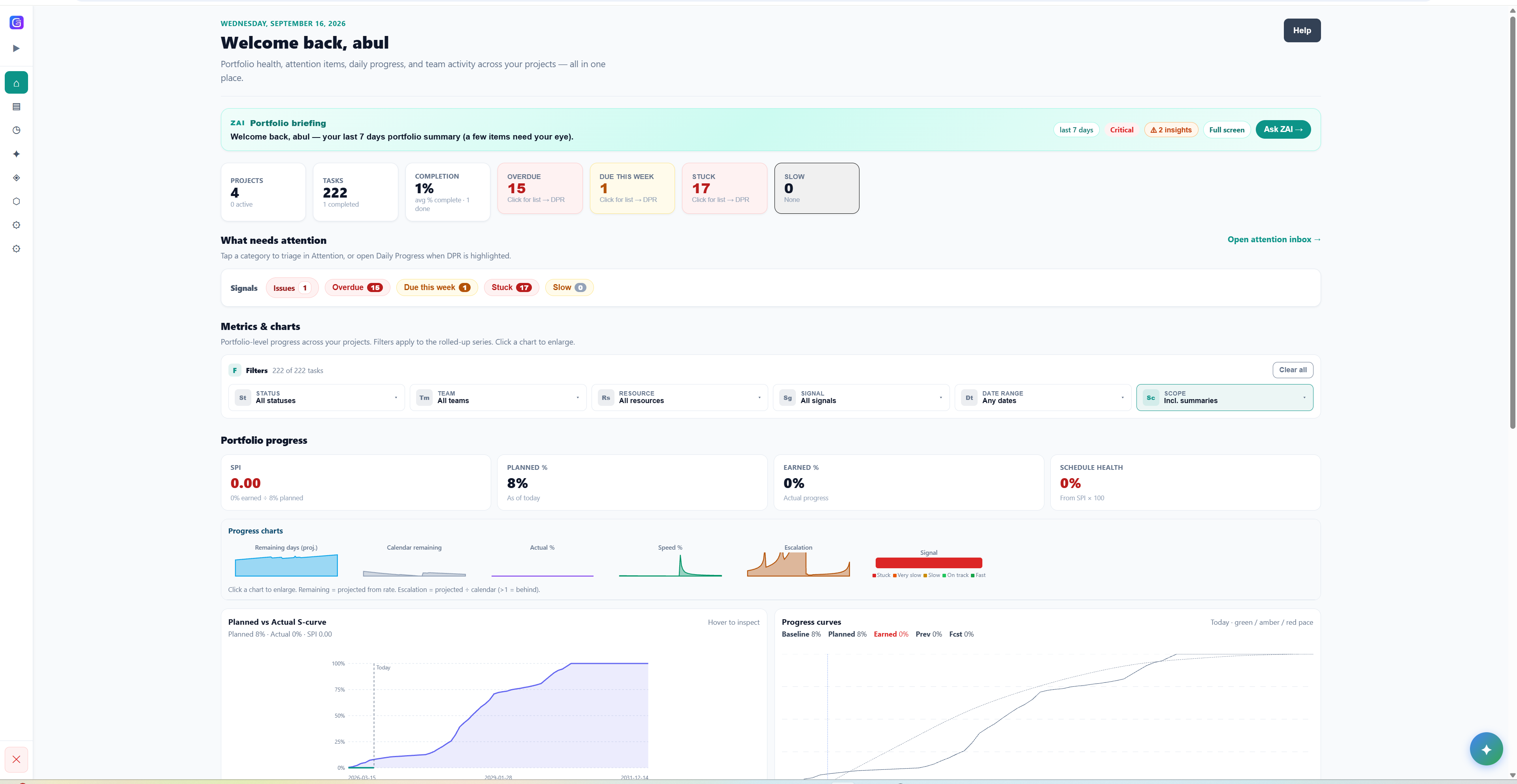 Gantivity dashboard with portfolio health and ZAI briefing