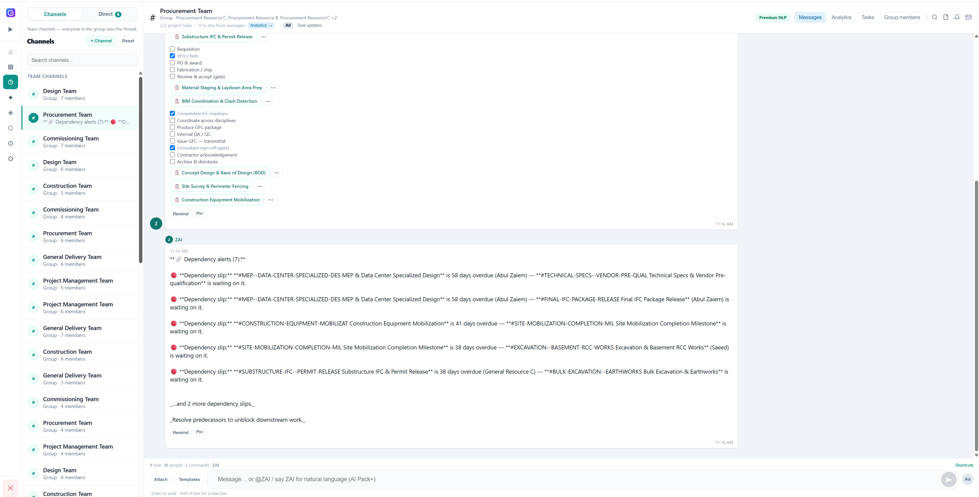 Gantivity messages with ZAI in the project channel
