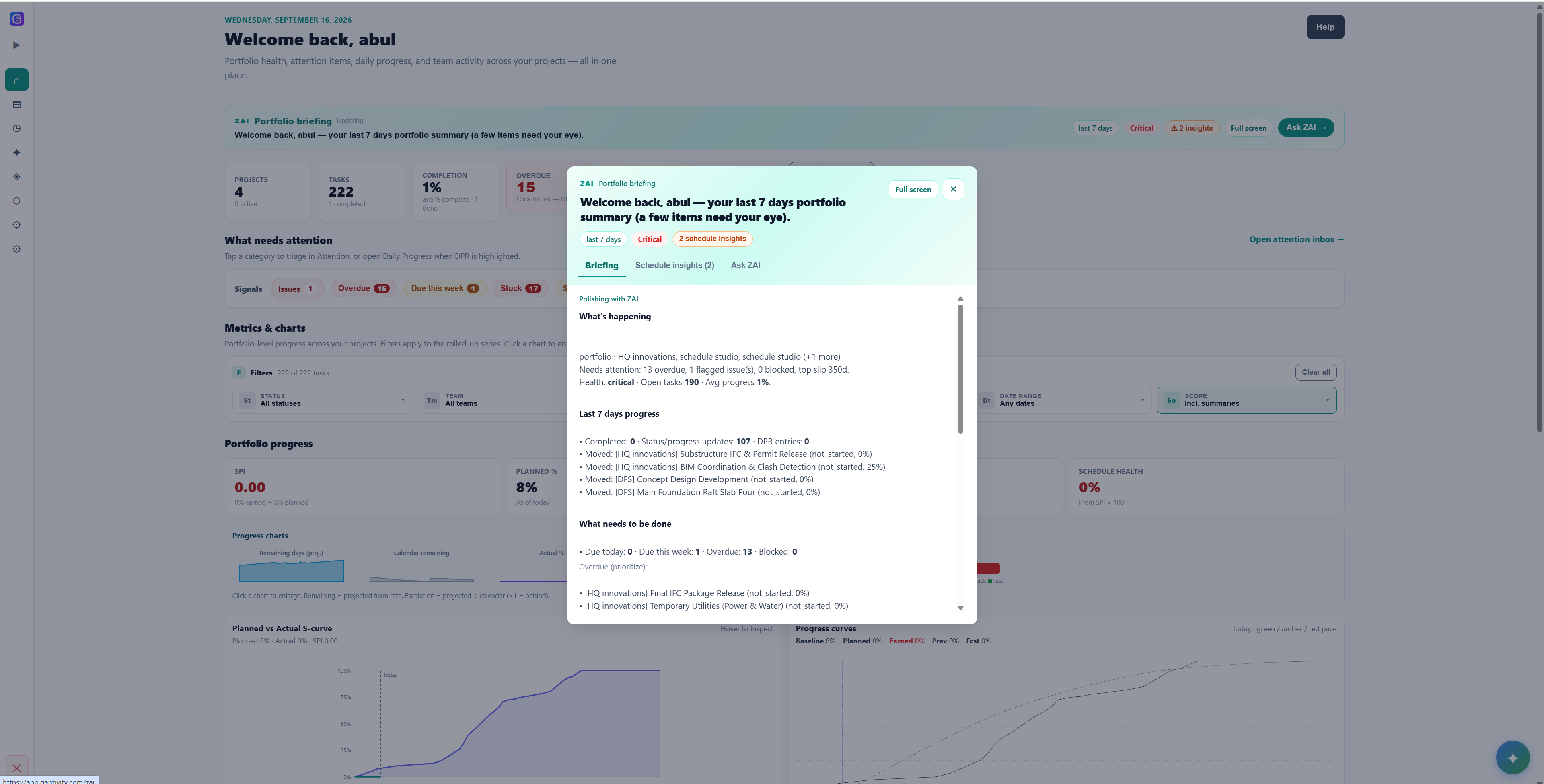 ZAI portfolio briefing overlay on the Gantivity dashboard